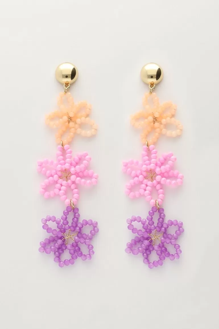 My Jewellery Boucles D'oreilles Avec 3 Fleurs Multicolores- Boucles D'Oreilles À Perles | Boucles D'Oreilles Longues