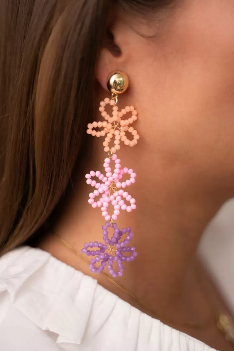 My Jewellery Boucles D'oreilles Avec 3 Fleurs Multicolores- Boucles D'Oreilles À Perles | Boucles D'Oreilles Longues