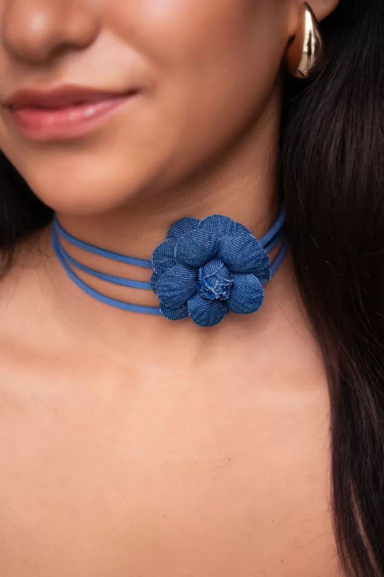 My Jewellery Ras De Cou Cordon Bleur Et Fleur En Denim- Colliers Ras De Cou | Colliers Tendance